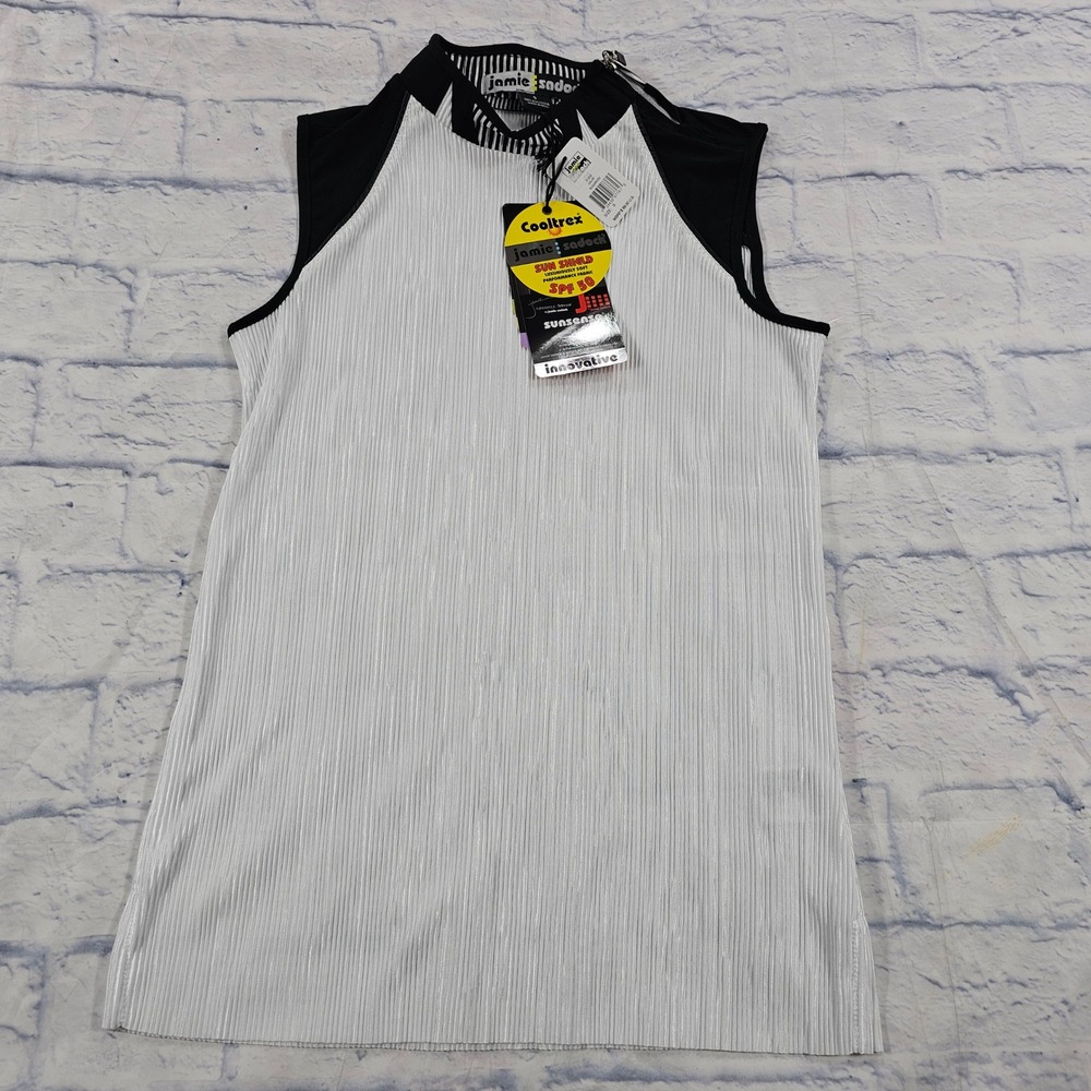 Jamie Sadock Sleeveless Top Womens S Sugar White Black Pleated Golf SPF 50